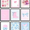 9Pcs Pink Bows Canvas Wall Art Trendy Coquette Bow Cute Cat Wall Decor Pictures Disco Ball Preppy Girly Boots Posters Prints for Bathroom Gallery Dorm Living Bedroom Decoration Unframed (Blue Bows, 8x10inx9pcs)