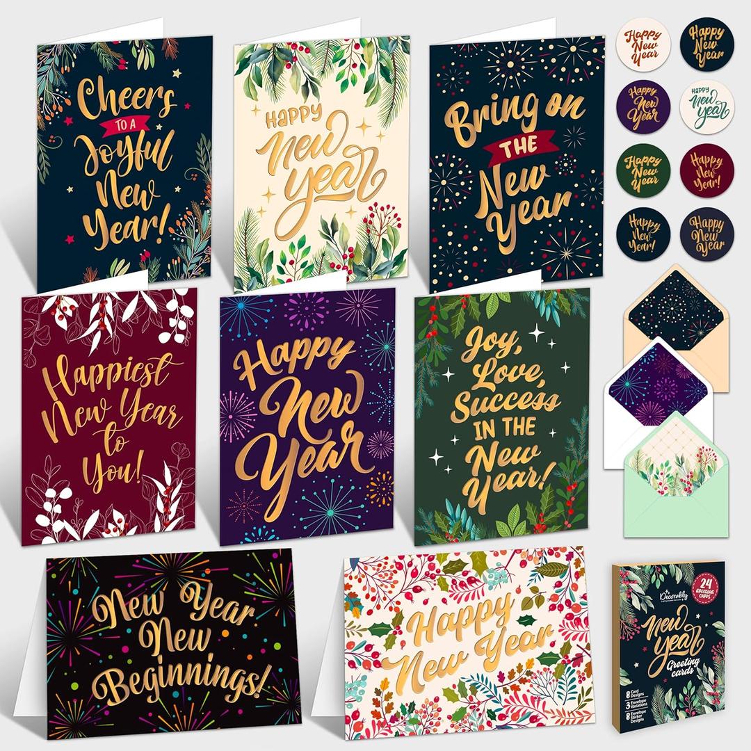 Decorably 24 Pack Gold Foiled 6x4in Happy New Year Cards with Envelopes and Stickers, 8 Elegant Design Happy New Year Greeting Cards with Printed Message Inside