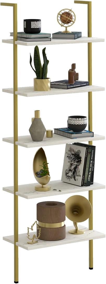 aboxoo Ladder Shelf White Marble Bookshelf 5-Tier Wall-Mounted Wood Rack Industrial Modern Plant Flower Stand Utility Organizer Open Bookcase Metal Frame Furniture Office Kitchen Bedroom (5-Tier, White Marble)
