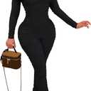 WOKANSE Women's Sexy Ruched One Piece Bodycon Cold Shoulder Long Sleeves Solid Jumpsuits Long Pants Romper (Large, Black)