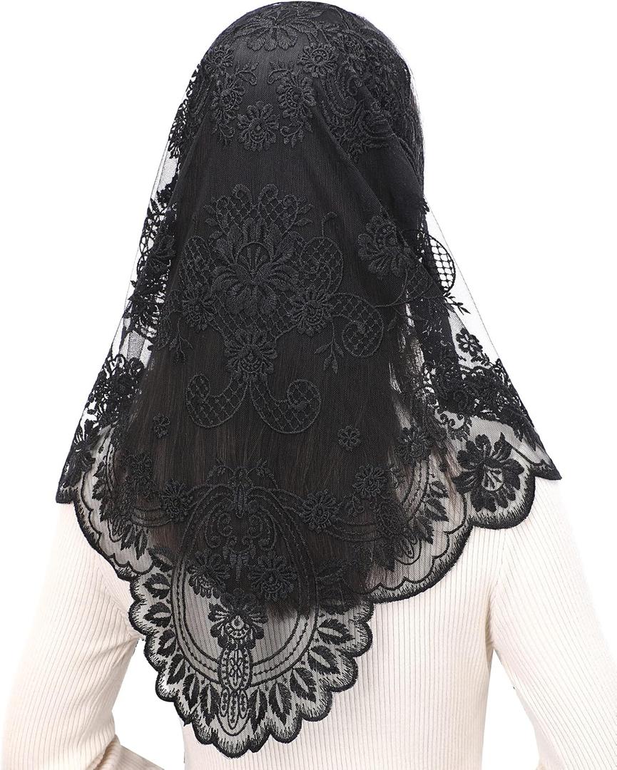 Bozidol Triangle Catholic Chapel Mantilla Veils - Short Camellia Embroidery Latin Mass Scarf Church Lace Veil with Gift Box (Black)