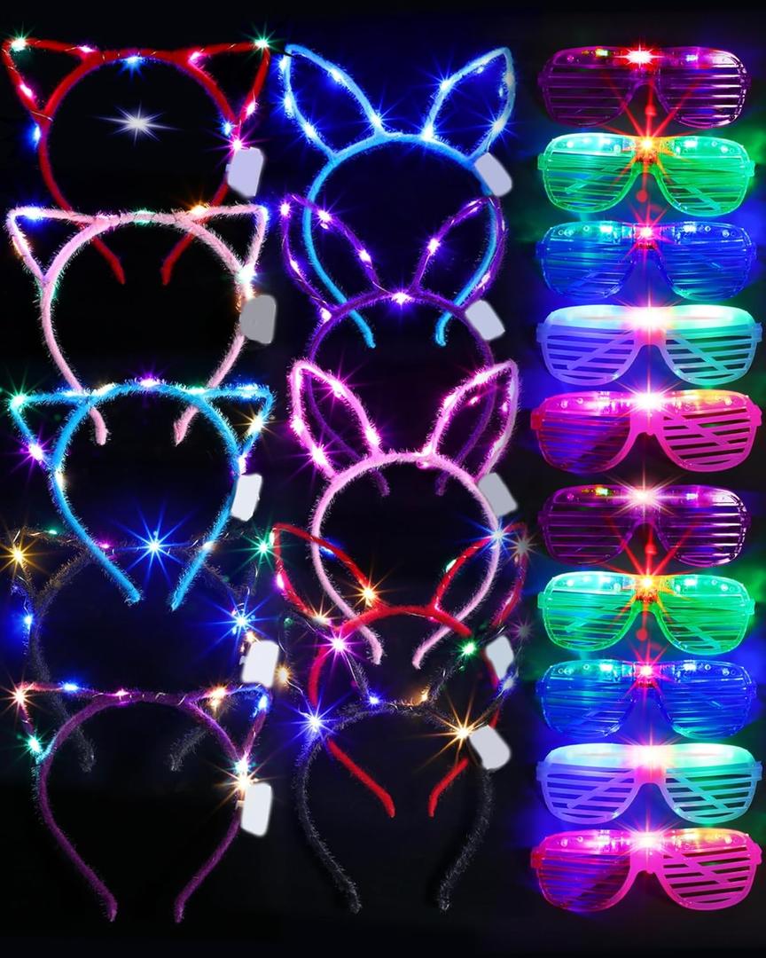 Honoson 20 Pcs Glow in The Dark Party Supplies, 10 Pcs 5 Colors Light up Glasses 5 Pcs LED Cat Ear Headband 5 Pcs Rabbit Ear Headband for Adults Mardi Gras Neon Party Decoration