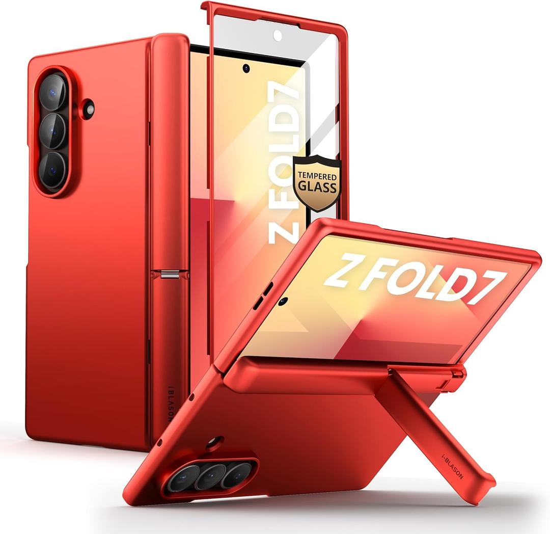 i-Blason for Samsung Galaxy Z Fold 7 Case MagSafe with Stand [9H+ Tempered Glass Screen Protector] [Hinge Protection] Wireless Charging Full-Body Protective Kickstand Case for Z Fold 7 (Red)