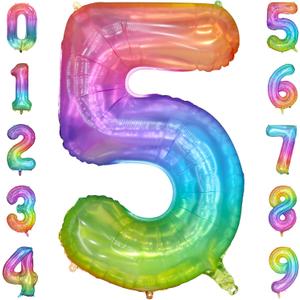 40 Inch Rainbow Number Balloon 5, Large Number Foil Balloons Mylar for Girl Boy Birthday Party Celebration Decorations Supplies, Digital Balloons for Wedding Anniversary Events Decorations