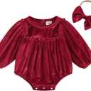 Thorn Tree Newborn Baby Girls Christmas Clothes Long Sleeve Velvet Ruffle Romper& Headband Fall Winter Outfits (0-3 Months, Red)