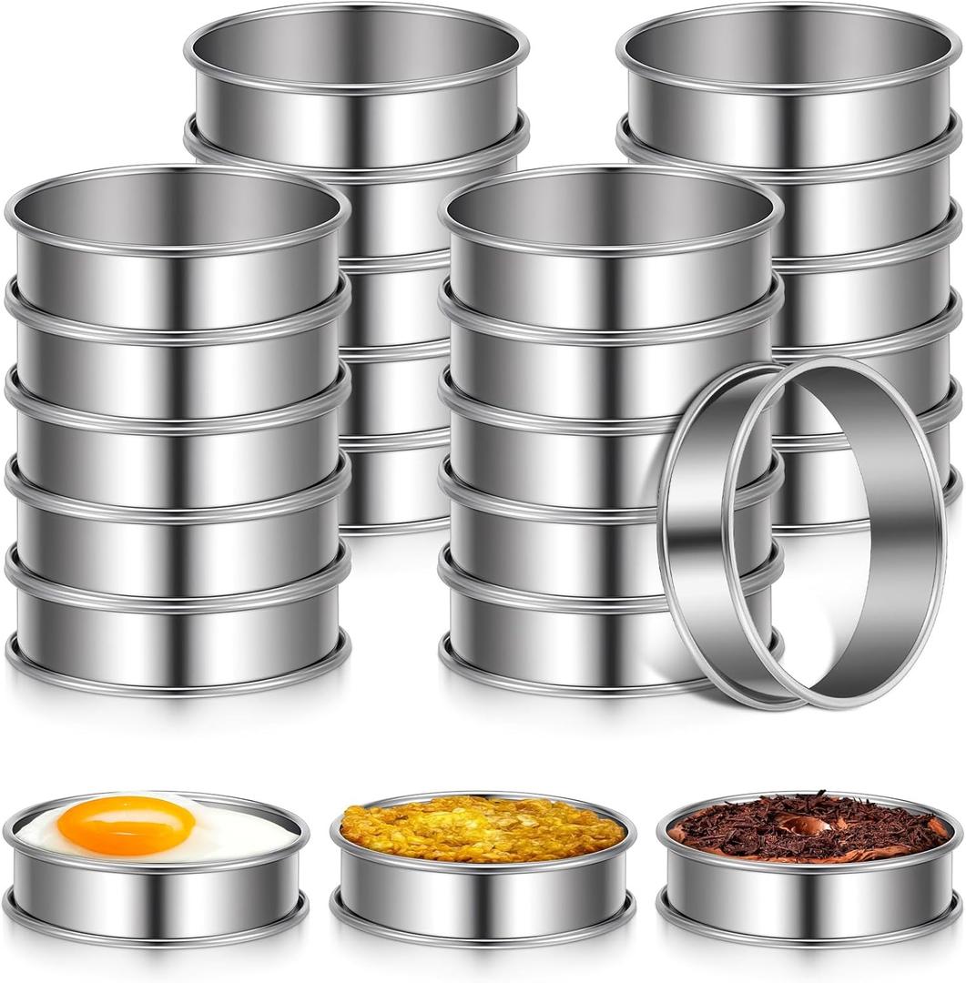 SHENLIU 24 Pieces Stainless Steel English Muffin Rings, 3 Inch Double Rolled Tart Ring Metal Round Nonstick Crumpet Rings Muffin Tart Molds for Food Making Home Baking