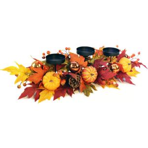 Fall Candle Holder Centerpiece for Table  Thanksgiving Table Decor with Pumpkins, Maple Leaves,Autumn Harvest Decoration with 3 Candle Holders for Dining Table, Fireplace & Home Decor (Red)