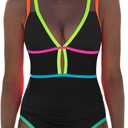 popvil Women One Piece Swimsuit 2025 Tummy Control Sexy Cutout Neon Color Block Bathing Suit Deep V Neck Adjustable Swimwear (Medium, Black)