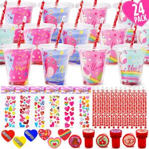 Valentines Day Gifts for Kids - 24 Pack Valentines Day Stationery Gift with Cards Pencils Stickers Erasers Stampers Sharpener Cups Classroom Prize School Exchange Boys Girls Party Favors
