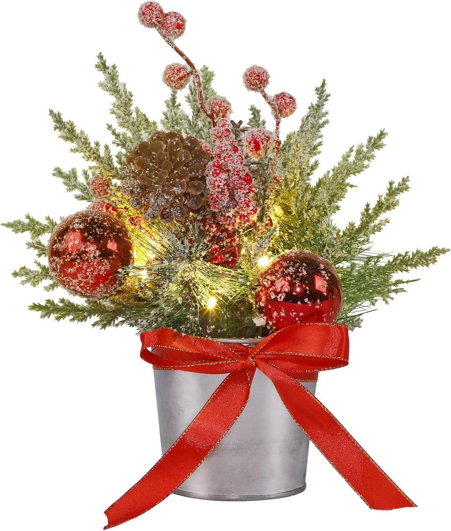 Prsildan Christmas Table Tree Decorations Mini Trees with Lights Christmas Ball for Centerpieces Decor, Artificial Tree with Pine Cone Red Berries for Office Kitchen Tabletop Desk Indoor Holiday