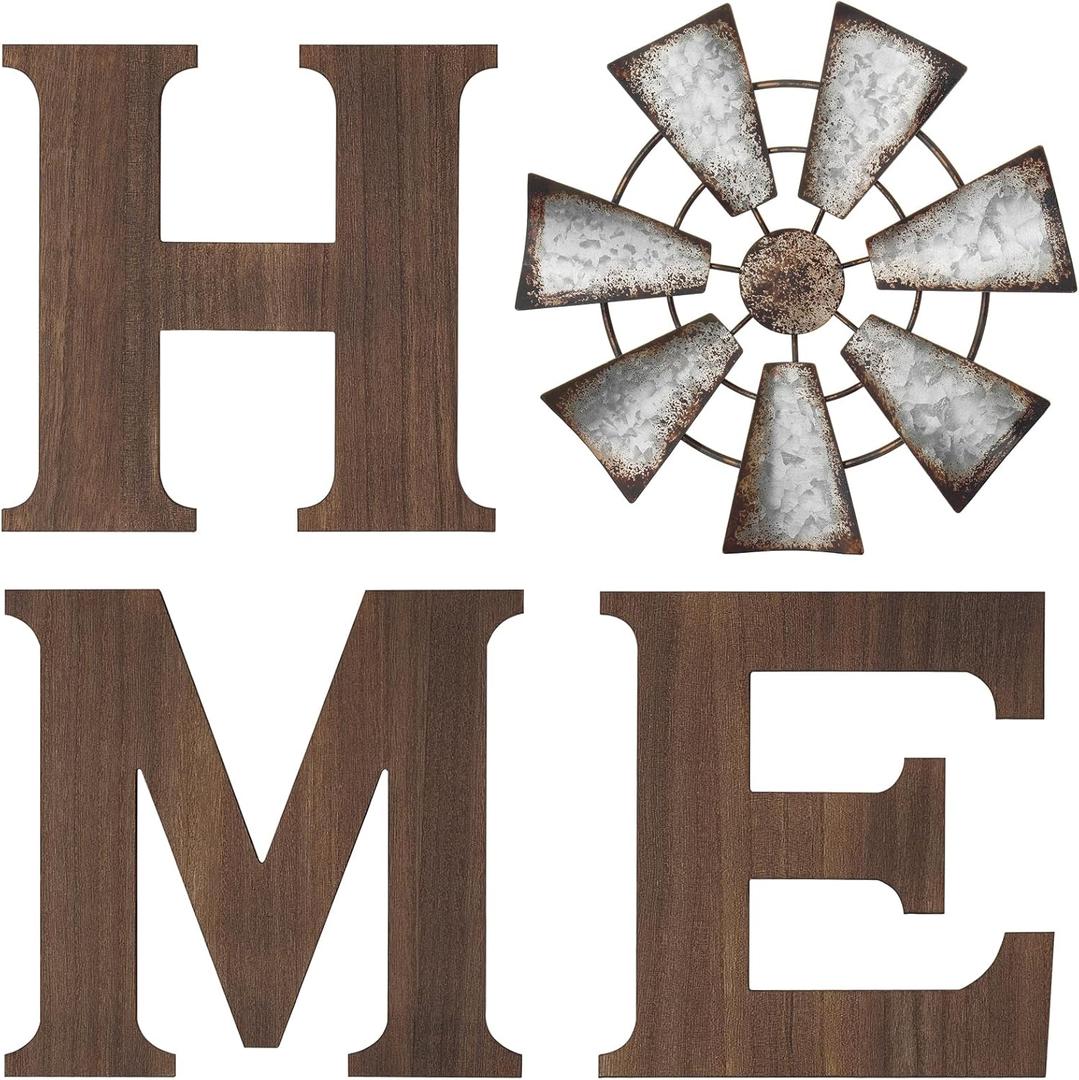 Mkono Farmhouse Wall Decor Wooden Home Sign with Metal Windmill for O Rustic Hanging Letters Decorative Art Signs Living Room Kitchen Bedroom Entryway House, Brown