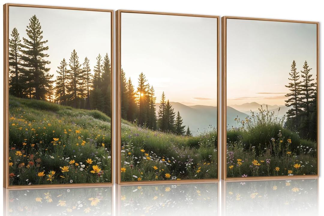 FWIEXA Green Forest Mountain Framed Canvas Wall Art Set, Wildflower Meadow Wall Decor, Floral Pictures Artwork, Nature Sunset Landscape Art Prints for Living Room, Bedroom, Office - Size 24"x36"x3