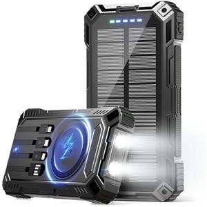 Portable Charger 49800mAh Solar Charger 15W Wireless Charging USB-A 22.5W Fast Charging with 4 Built-in Cable, USB-C Port Compatible with Smartphone, with LED Flashlight Perfect for Camping, Hiking