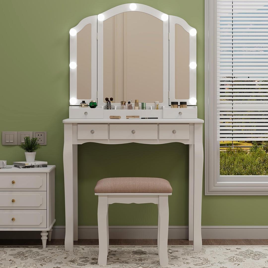 Makeup Vanity Set Teen Vantity Set White Vanity Desk with Mirror and Lights Vanity Table with Lights Vanity Mirror with Lights Desk and Chair Makeup Vanity Table Makeup Vanity with Lights