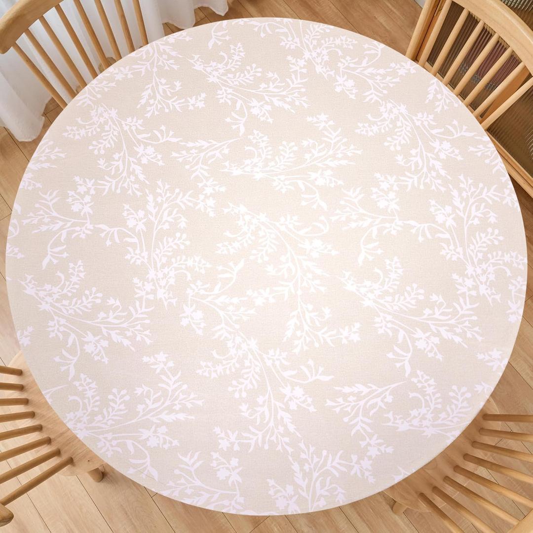 LIBERECOO Round Vinyl Fitted Tablecloth with Flannel Backing Elastic Edge Plastic Table Cover - Warm Brich - Waterproof Stain-Resistant Wipeable Tablecloths 44"L x 44"W 