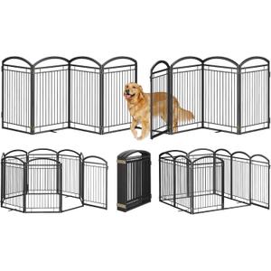 Full Metal Free Standing Dog Gate with Door for Indoor Outdoor,192'' Extra Wide 32'' Tall Dog Gates for Doorways,Large Openings,Decks,Freestanding Portable Pet Fence(8 Panels,Black)