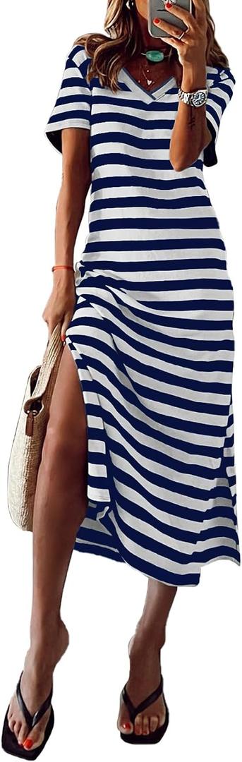 MARZXIN Women 2023 Casual Maxi Dress Short Sleeve V Neck Stripe Sundress Split Loose Long Summer Beach T Shirt Dresses Blue S