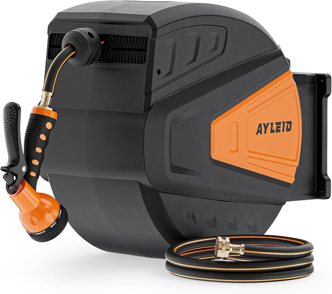 Ayleid Retractable Garden Hose Reel,1/2 in x 130 ft Wall Mounted Hose Reel, with 9- Function Sprayer Nozzle, Any Length Lock/Slow Return System/Wall Mounted/180Swivel Bracket (Black)
