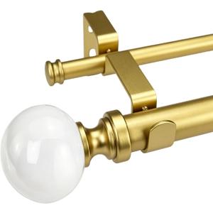 Brass Gold Double Curtain Rod for Blackout, Ball Finials Window Drapery Rod, Size: 72-144''