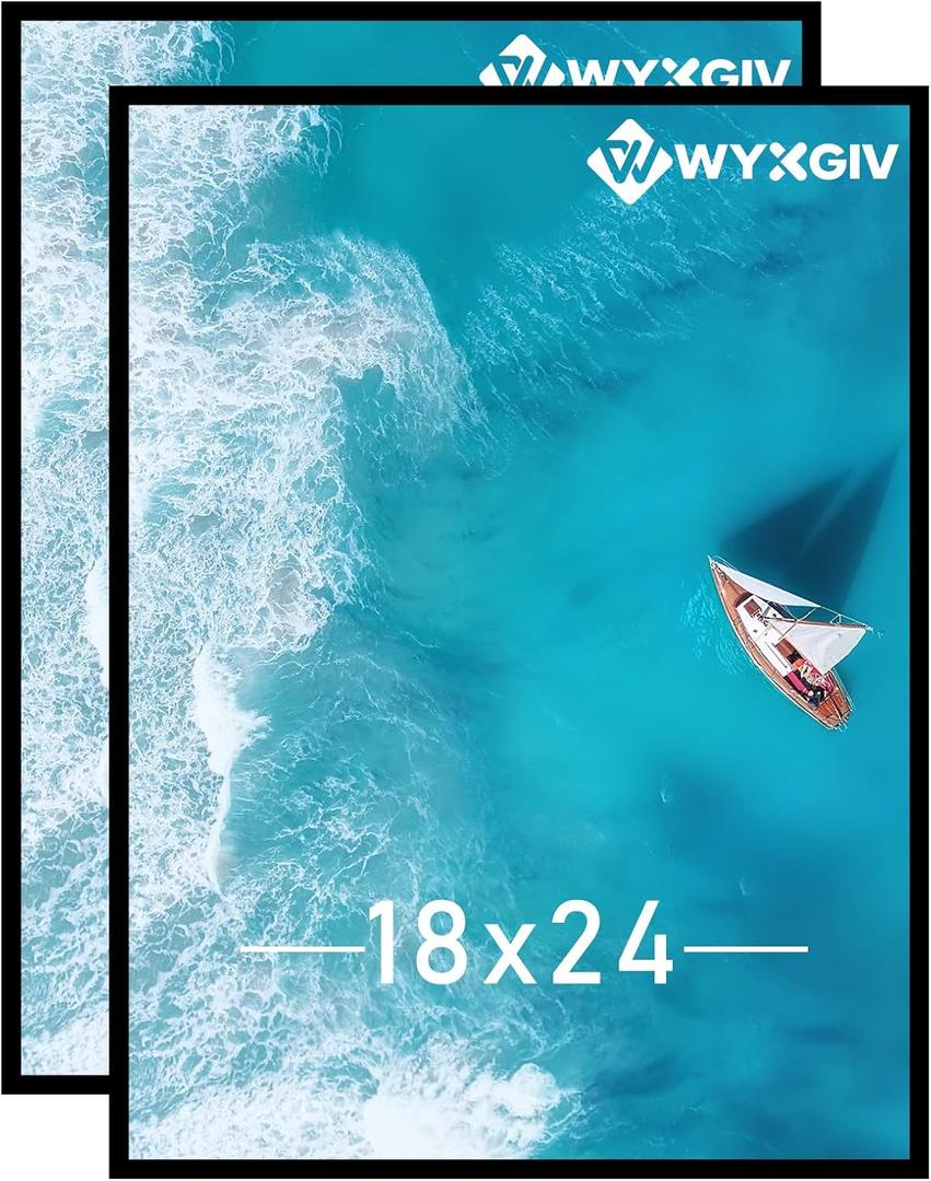 18x24 Picture Frame Set of 2, Scratch-Proof Black Frame Lightweight yet Sturdy Display Poster Artwork 18 x 24 Horizontally/Vertically - Slide-In Strips|2 Packs|Black|18"x24"