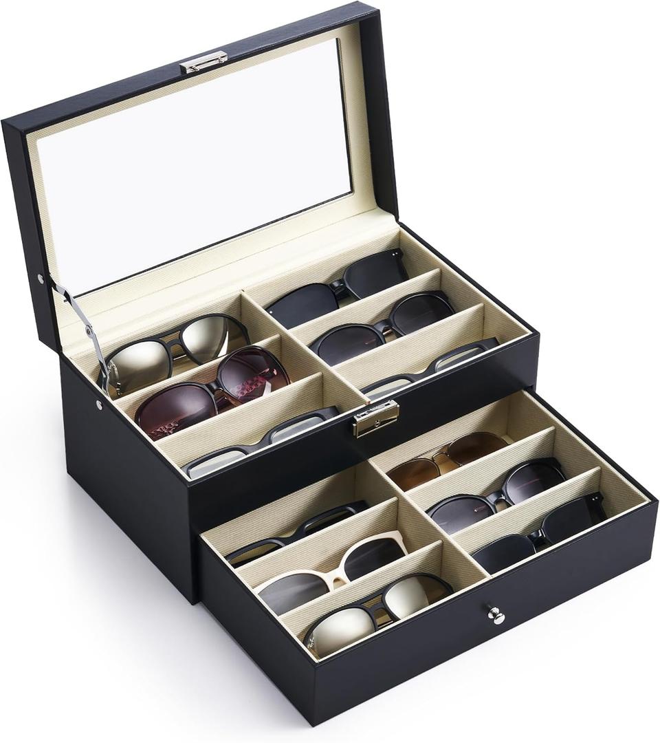 CO-Z Sunglasses Organizer with 12 Slots, Multiple Eyeglasses Eyewear Display Case for Women Men, 2 Story Leather Multi Sunglasses Jewelry Collection Holder with Drawer (Black)