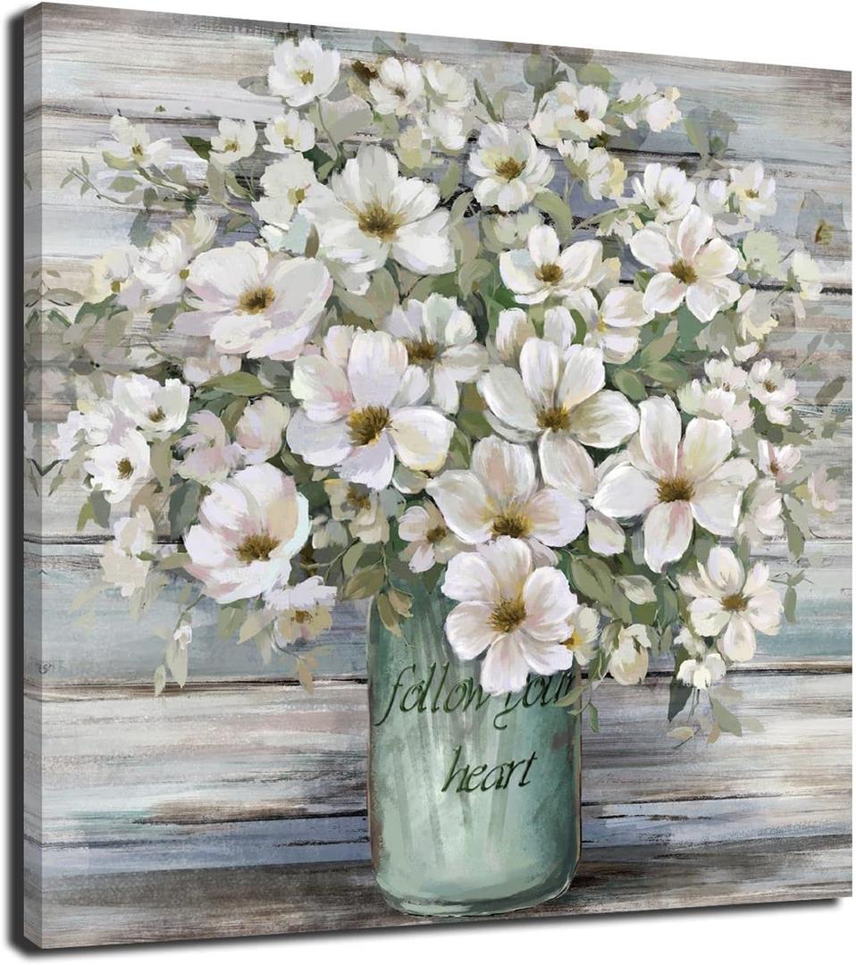 LAIART Bathroom Wall Decor Art Country Style Canvas Flower Pictures Print Farmhouse Vintage Artwork for Kitchen Bedroom living room (flower, 20"x 20")