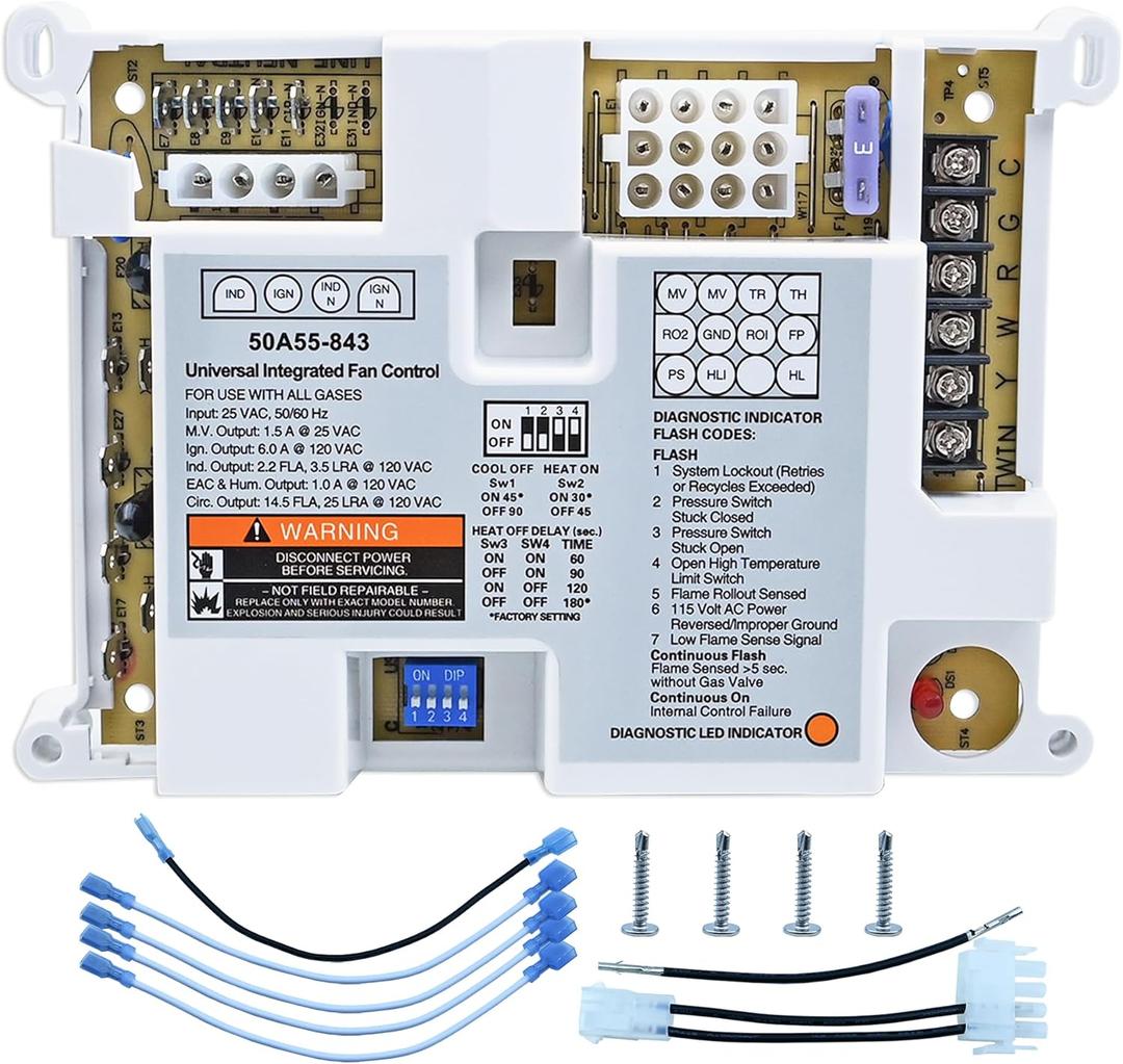 50A55-843 Furnace Control Board, Replacement for White Rodgers 50A55-843 Board, Compatible with 50A50-241 50A50-405 50A55-288 50A55-486, Universal Integrated Furnace Ignition Control Module