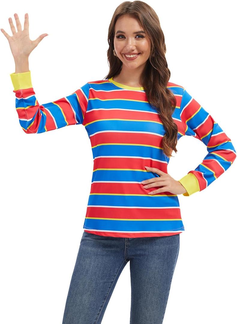 Adult Womens Long-Sleeved Striped T-Shirt Cartoon Character Costume for Halloween Cosplay Party (XX-Large, Red and Blue Stripes)