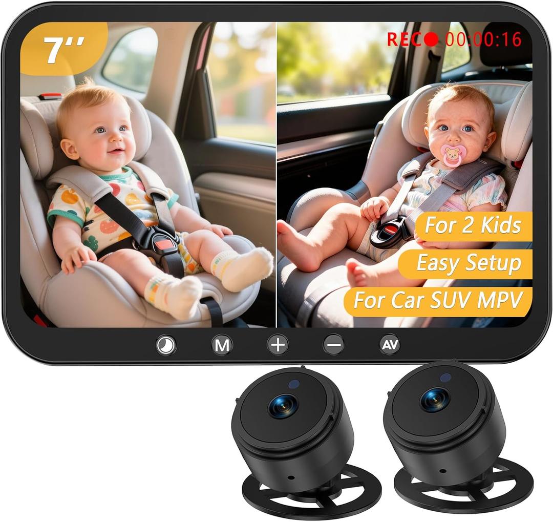 Dual Baby Car Camera for 2 Kids: 7-Inch 1080P Split-Screen Monitor with Recording Backseat Camera for Twins - USB Powered Clear Night Vision Easy to Install New - Baby Shower