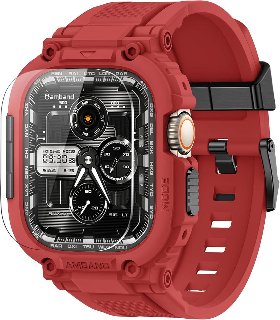 amBand Bands Case Screen Protector Compatible with Apple Watch Ultra 3/2/1 49mm, M1 Sport Series Rugged Cover Strap and 9H Tempered Glass Film, Protective Bumper for iWatch 49 mm Men - Mars Red