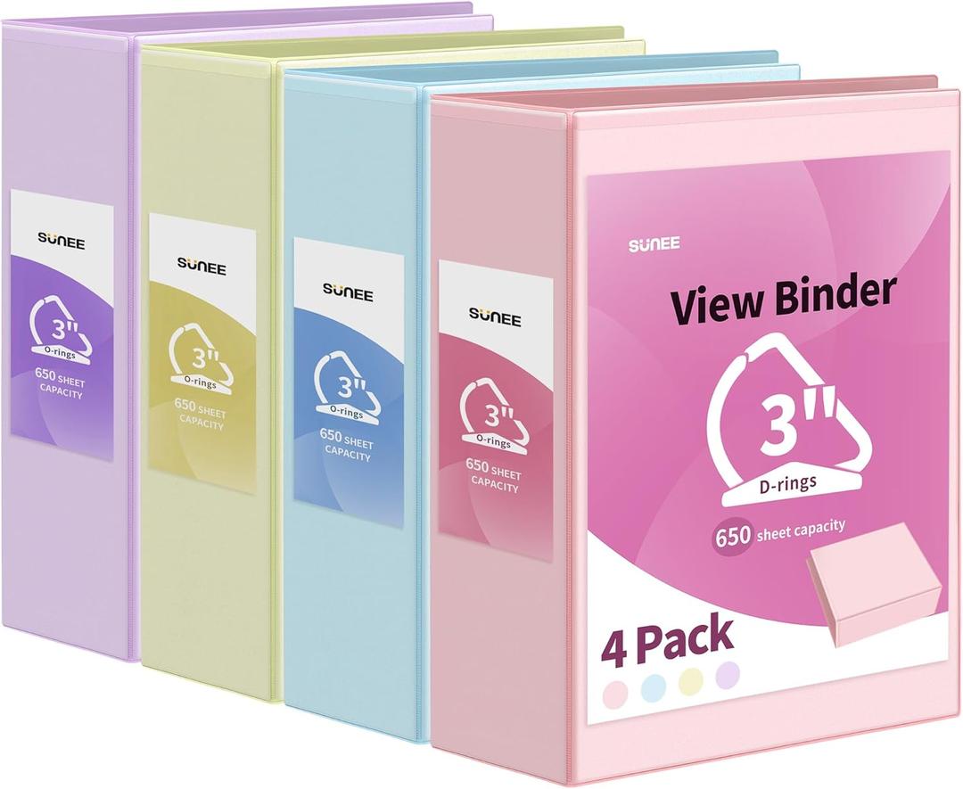 SUNEE 3 Ring Binder 3 Inch D Ring, Clear View PVC-Free (Fit 8.5x11 Inches) for School or Office Supplies, Assorted Pastel, 4 Pack (pastel Assortment)