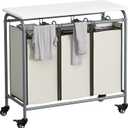 LINZINAR 3 Bag Laundry Basket Sorter Heavy Duty Rolling Lockable Wheels Laundry Hamper Cart with Ironing Board and Removable Bags, Beige