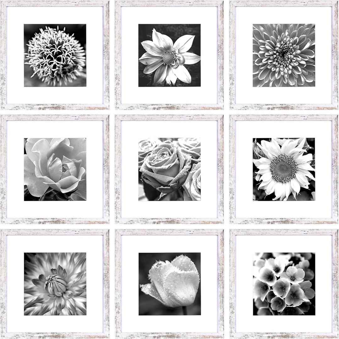 Yaetm 12x12 Picture Frame with Mat for 8x8 Set of 9, Square 12 x 12 Frames, White Gallery Wall Frame 12x12 for Wall Hanging (9 pack, Rustic White)