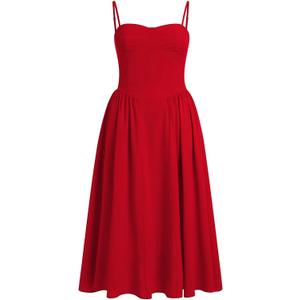 Women Floral Corset Dress Boho Spaghetti Strap Lace Up Casual Midi Dresses with Pockets Low Cut Flowy Bustier Sundress (Small, Red)