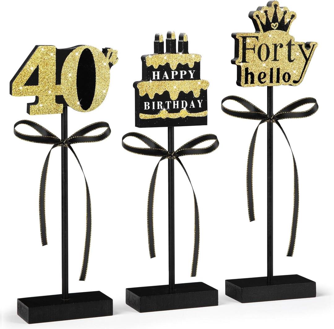 3 Pcs 40th Birthday Table Decorations Wooden Signs,Happy 40th Birthday Tiered Tray Decorations for men women Birthday Party Decor (40)