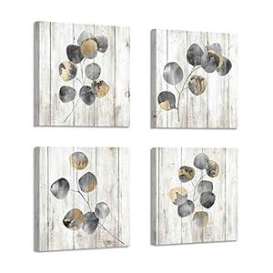 ARTISTIC PATH Leaf Artwork Botanical Canvas Print: Gray Leaves Painting Wall Art for Bathroom (12" W x 12" H x 4 PCS, Multi-Sized)
