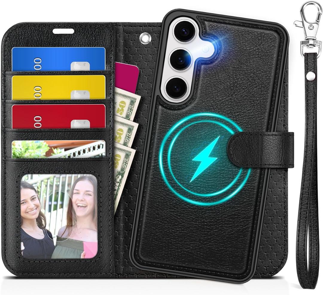 TUCCH Wallet Case for Galaxy S25 Plus, [Removable] 2 in 1 [Wireless Charging] Wrist Strap RFID Blocking [4 Card Holders] Magnetic Detachable Stand PU Leather Cover for Galaxy S25 Plus, Textured Black