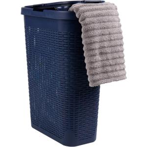 Mind Reader Slim Laundry Hamper with Lid, 40L Clothes Basket, Premium Wicker Design, Plastic, Navy (Single)