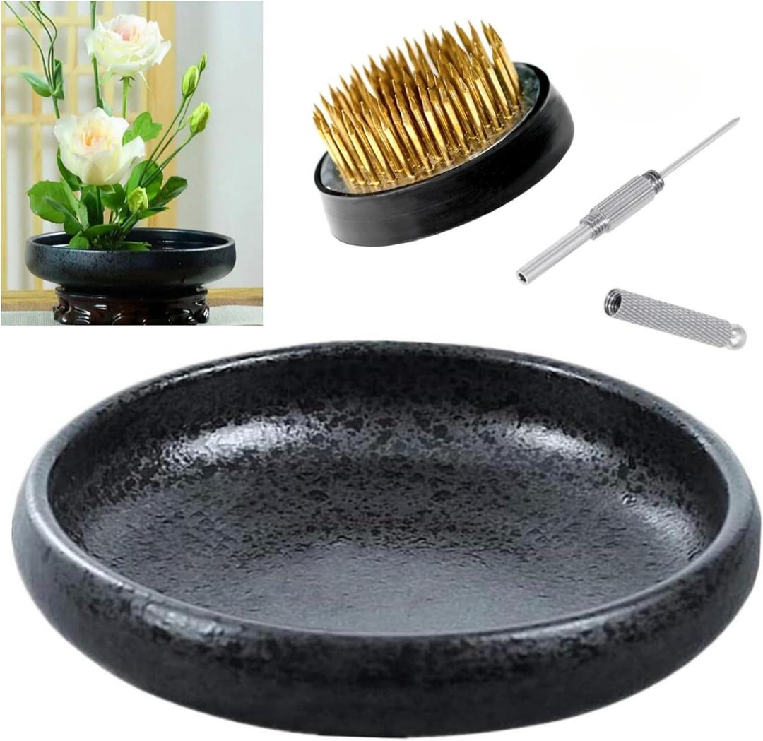 Japanese Ikebana Vase Kit, Flower Shallow Container Ceramics Ikebana Vase with 1.57inch Flower Frog and Floral Frog Floristry Kenzan Needle Straightening Tool 