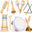 Montessori Wooden Musical Instruments for Toddlers 1-3, Baby Music Toy Set with Xylophone, Tambourine, Triangle, Clarinet, Maracas, Natural Sensory Educational Toys for Boys and Girls