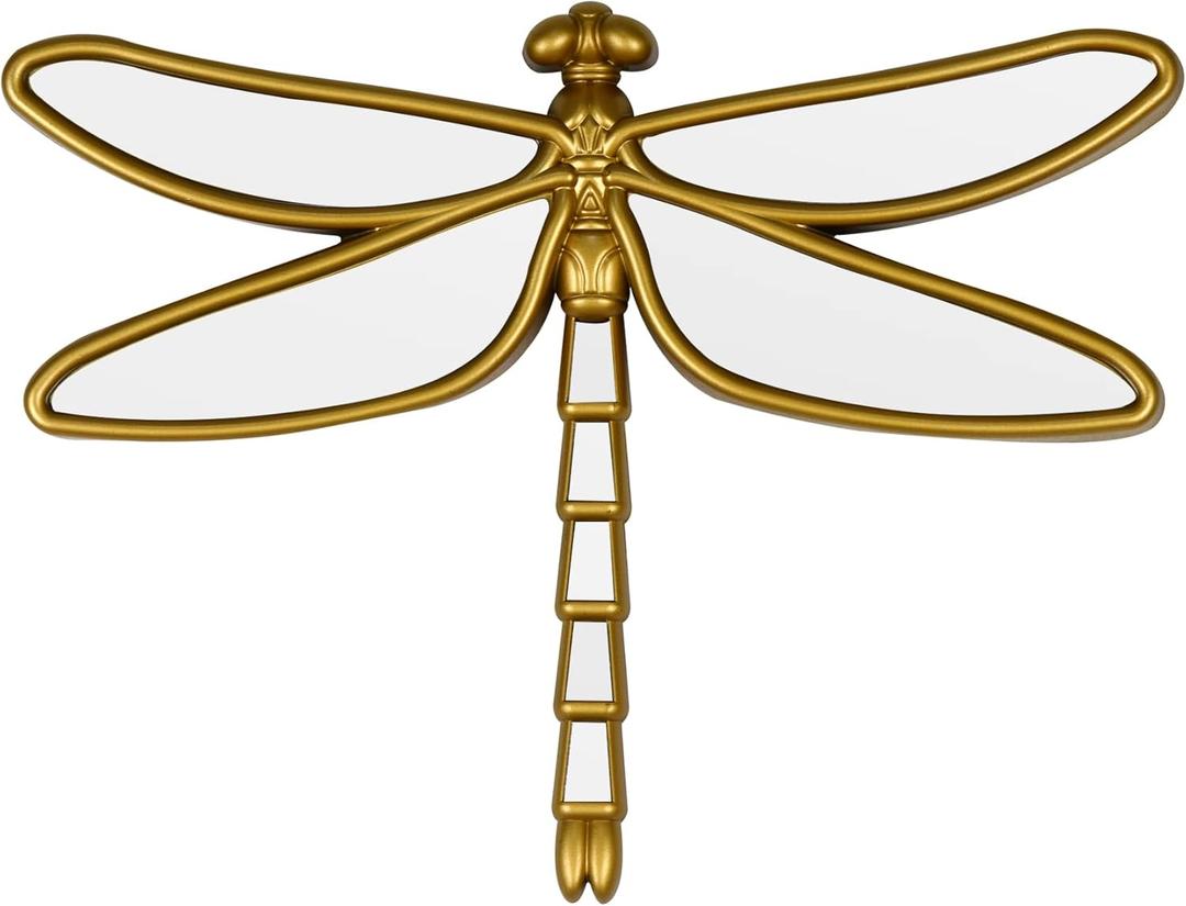 Decorative Golden Dragonfly Wall Mirror, Plastic Frame with Mirrored Wings (12.4 x 9.3 inches)