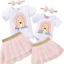 Big Sister Little Sister Matching Outfits Baby Girl Romper/Toddler Girl T-shirt Tops with Tutu Skirt Clothes Set (Pink, 120)