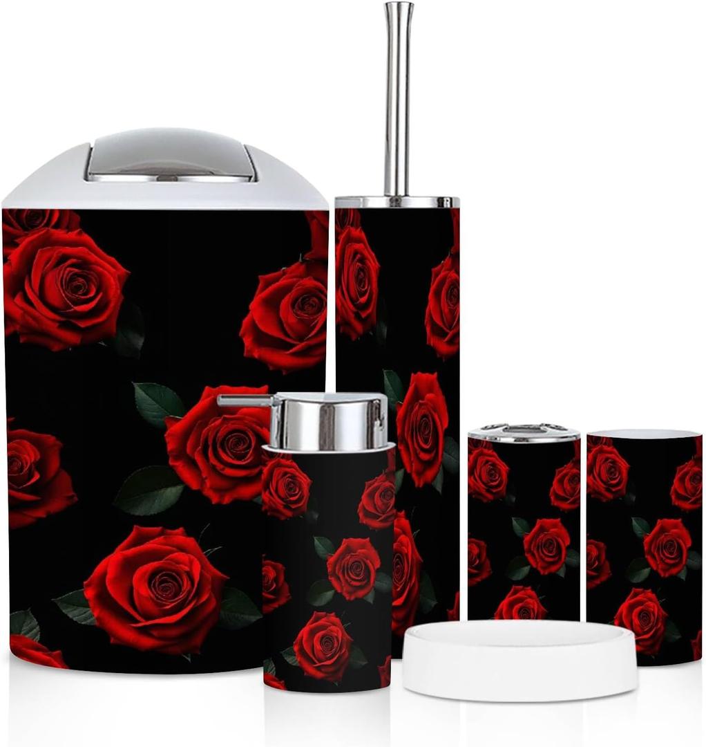 Bathroom Accessory Set 6 Piece Beautiful Pattern red Roses Black Toothbrush Holder, Toothbrush Cup, Soap Dispenser, Soap Dish, Toilet Brush Holder, Trash can for Countertop Rustic Decor