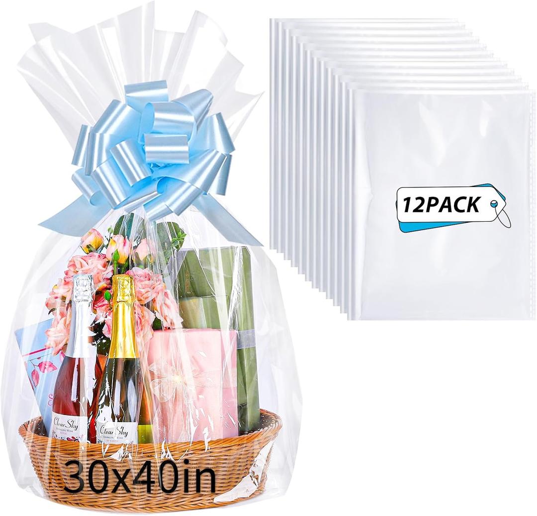 woric 12PCS Large Cellophane Bags 30x40 Inch Clear Cello Gift Bags Cellophane Wrap for Gift Baskets Mothers Day Graduation Gifts Decorations Candy Baby Bridal Shower Wedding Party favor Birthday