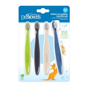 Dr. Brown's Infant-to-Toddler Toothbrush Set, Soft & Gentle Manual Toothbrushes for Baby, Green/Dark Blue/Ecru/Blue, BPA Free, 0-3 Years 4-Pack