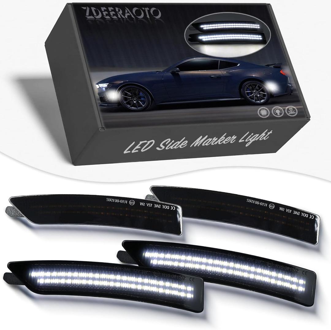 LED Front & Rear Fender LED Side Marker Lights Kit for Ford Mustang S650, Replacement for Mustang Gen7 2024 2025,Smoked Lens Side Bumper Marker Lamps,4pcs (White)