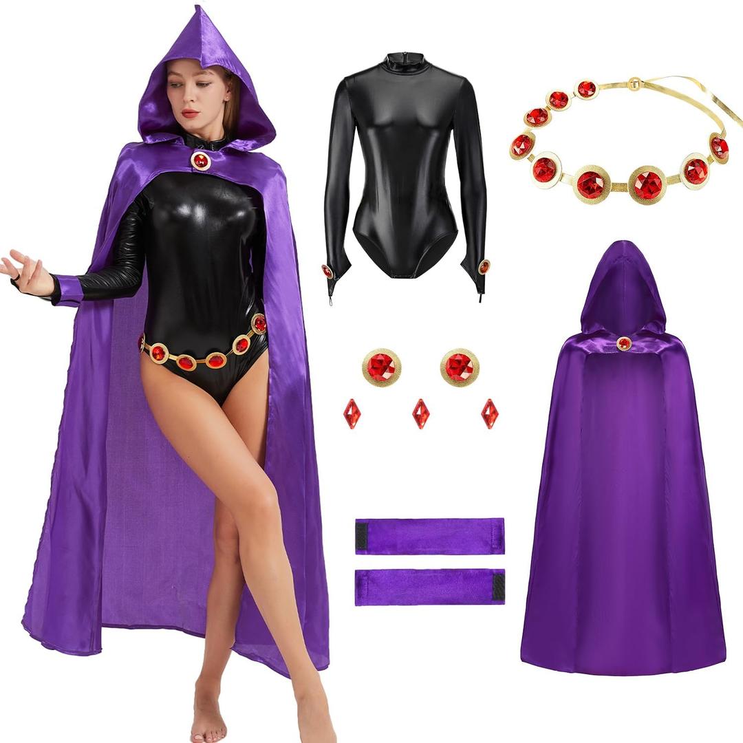 Women's Cosplay Costume Purple Cape Sexy Black Jumpsuit with Belt Cosplay Uniform Suit Halloween, S