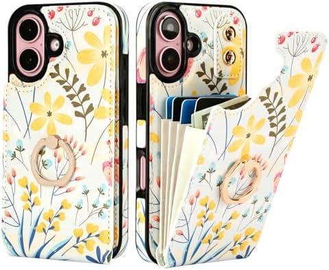 HAOPINSH for iPhone 16 Wallet Case with Card Holder, 360°Rotation Ring Kickstand, Floral Flower Pattern, RFID Blocking Leather for Girls Women, Double Buttons Protective Cover 6.1"