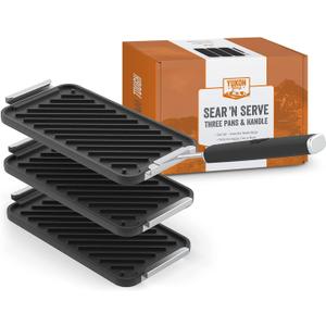 Yukon Glory SEAR 'N SERVE Cast Iron Grill Pan Set - Includes 3 Cast Iron Grilling Baskets & Clip-On Handle - Ideal for Stove Tops or Outdoor Grills