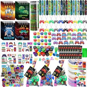 251 Pcs Video Game Party Favors Set Includes Gift Bags Pencils Notebook Sharpener Slap Bracelets Rings Keychains 3D Puffy Stickers Stamper Gamer Party Favors Birthday (Classic)